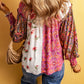 Pink Multicolor Floral Patchwork Shirred Cuffs Buttoned Blouse