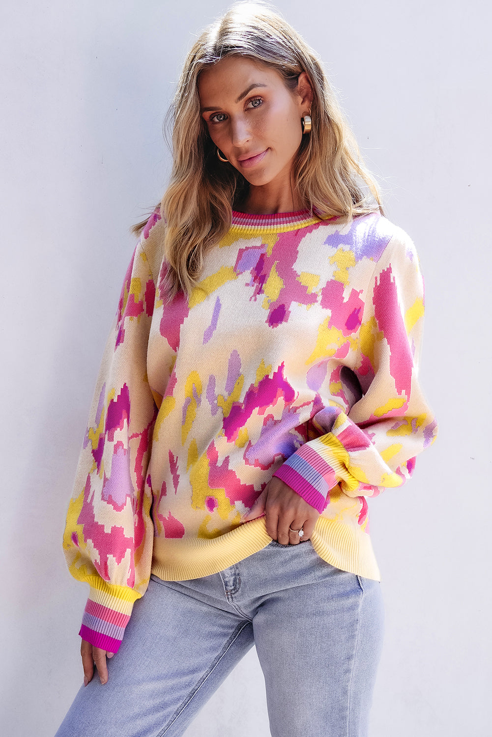 Khaki Abstract Print Colourblock Balloon Sleeve Sweater