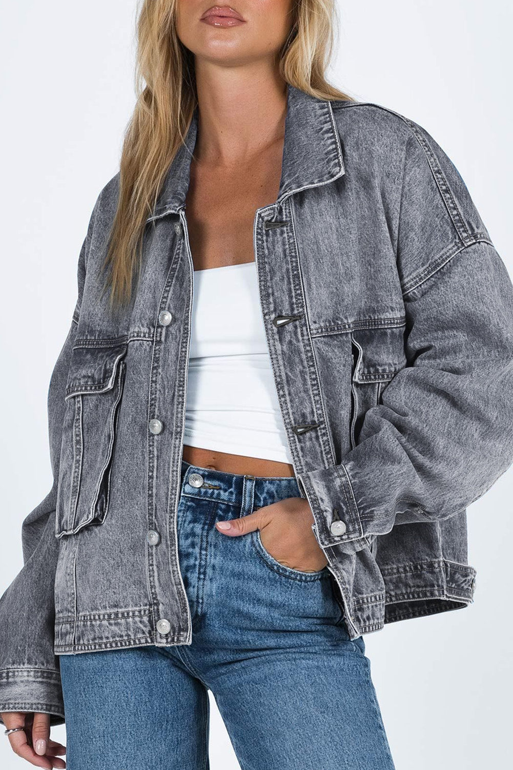 Grey Chest Pockets Drop Shoulder Loose Denim Jacket