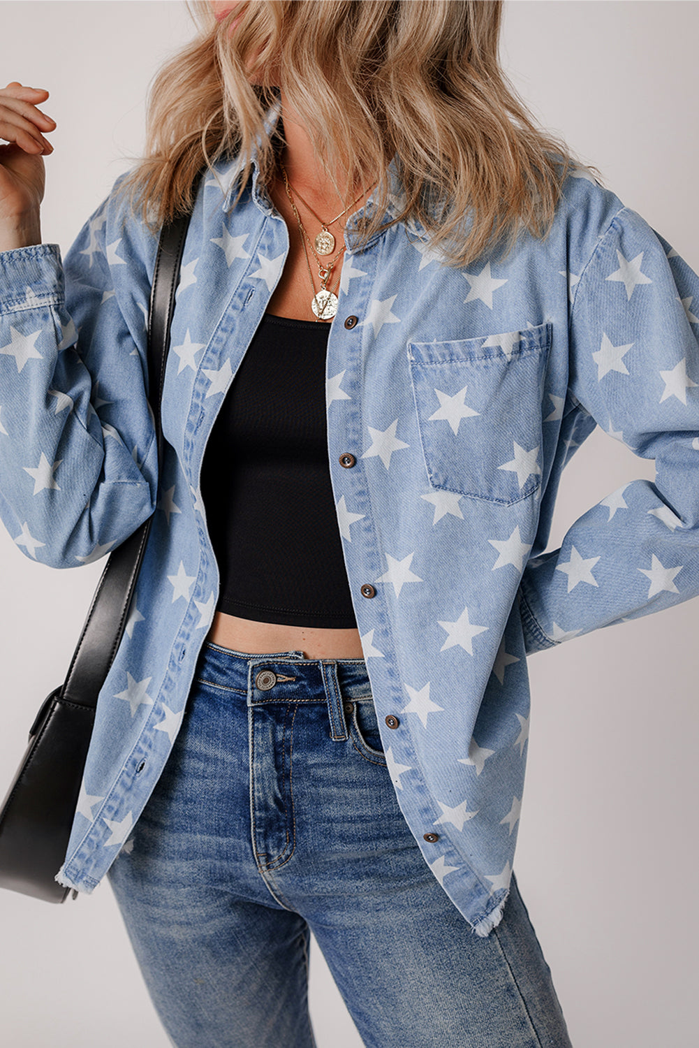 Sky Blue Star Print Light Wash Raw Hem Denim Jacket