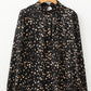 Black Leopard Print Lantern Sleeve Mock Neck Pleated Blouse