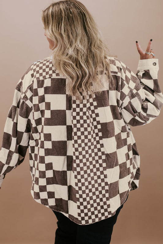 Brown Colour Block Checkered Print Corduroy Plus Size Shacket