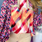 Rose Red Abstract Geometric Pattern Patchwork Puff Sleeve Blouse