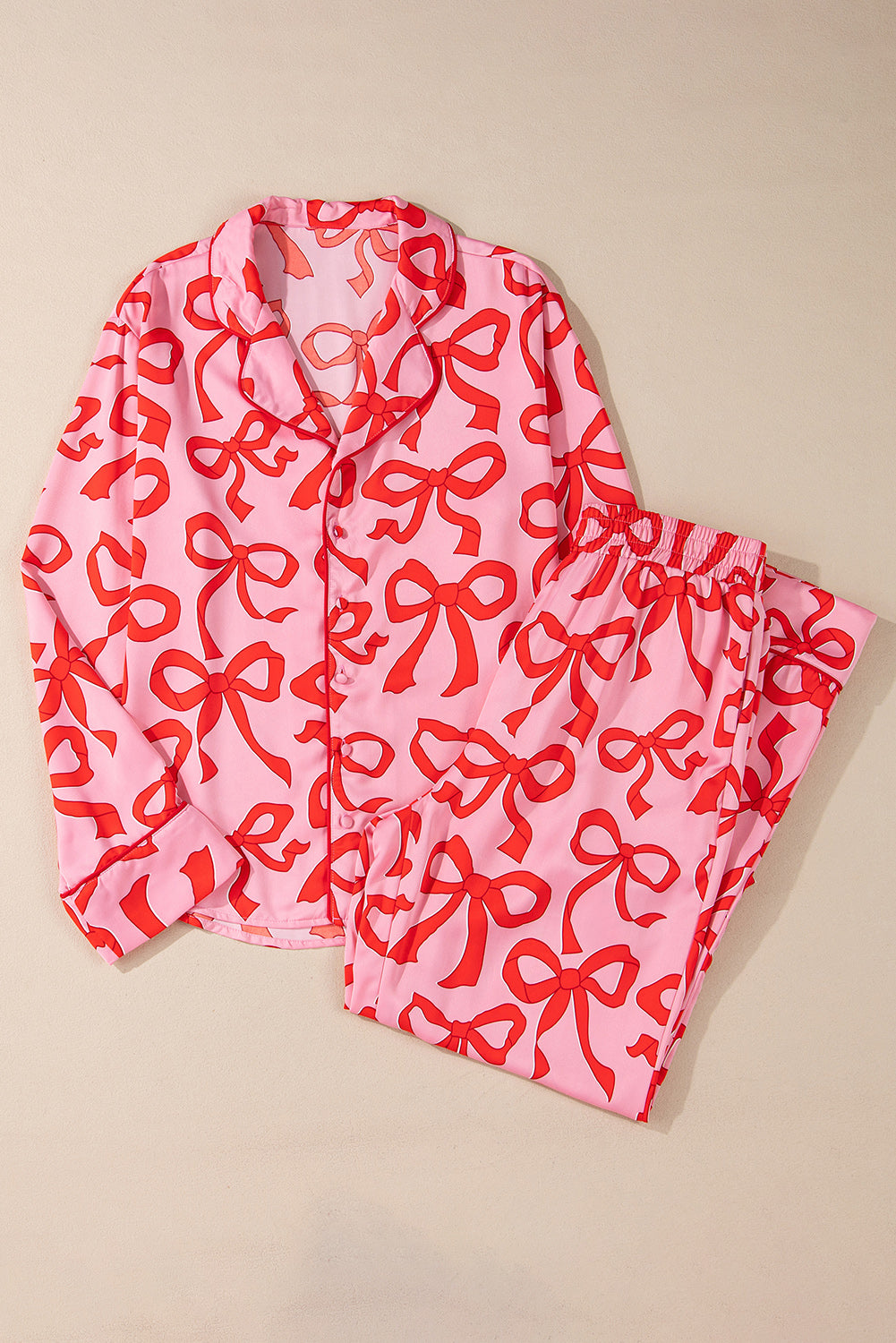 Pink 2pcs Bow Print Shirt Style Long Sleeve Pyjama Set