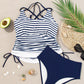 Blue Stripe Drawstring Tummy Control Mix-and-match 2pcs Tankini Swimsuit