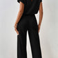 Black Solid Color Ribbed Short Sleeve Wide Leg Jumpsuit