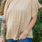 Khaki Checkerboard Short Batwing Sleeve Round Neck Plus Size T Shirt