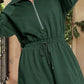 Blackish Green Collared Half Zip French Terry Knit Drawstring Casual Romper