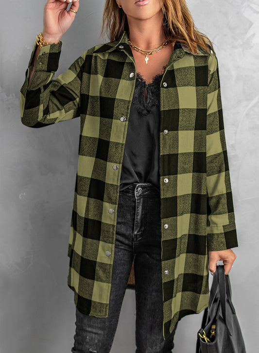 Black Turn-down Collar Plaid Shirt Coat