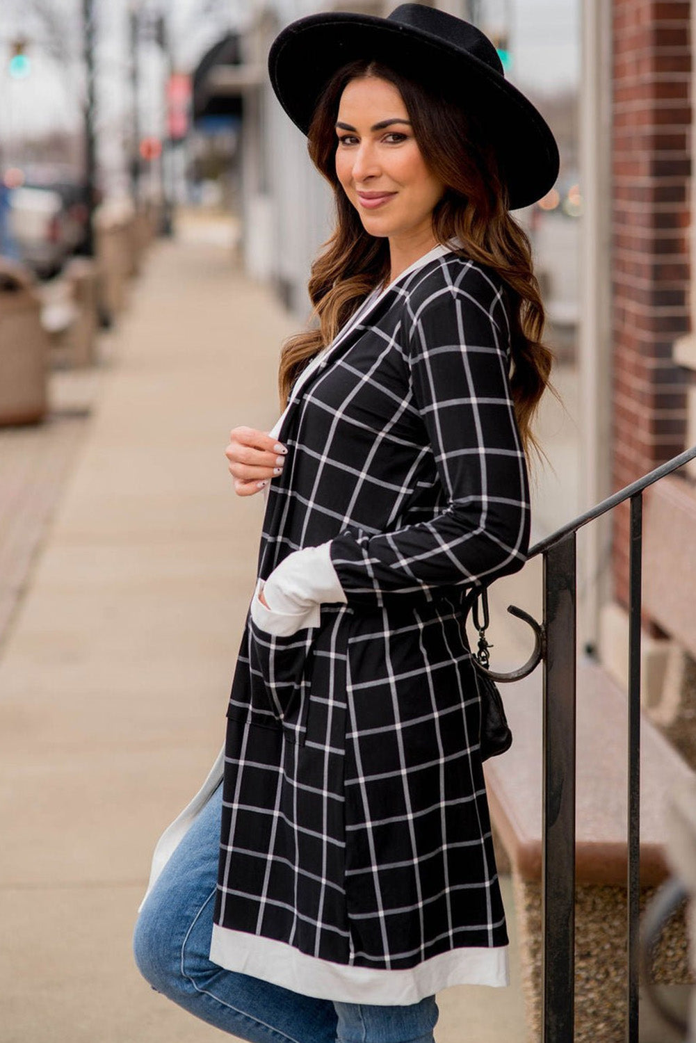 Black Plaid Colourblock Edge Open Cardigan with Pocket