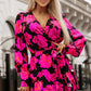 Rose Floral Print V Neck Wrap Bishop Sleeve Ruffle Tiered Mini Dress