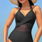 Navy Blue Halter Mesh Insert Cross Front One-Piece Swimsuit