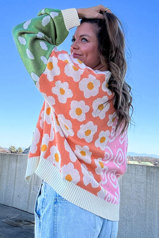 Orange Flower & Dotted Mixed Print Colourblock Open Front Cardigan