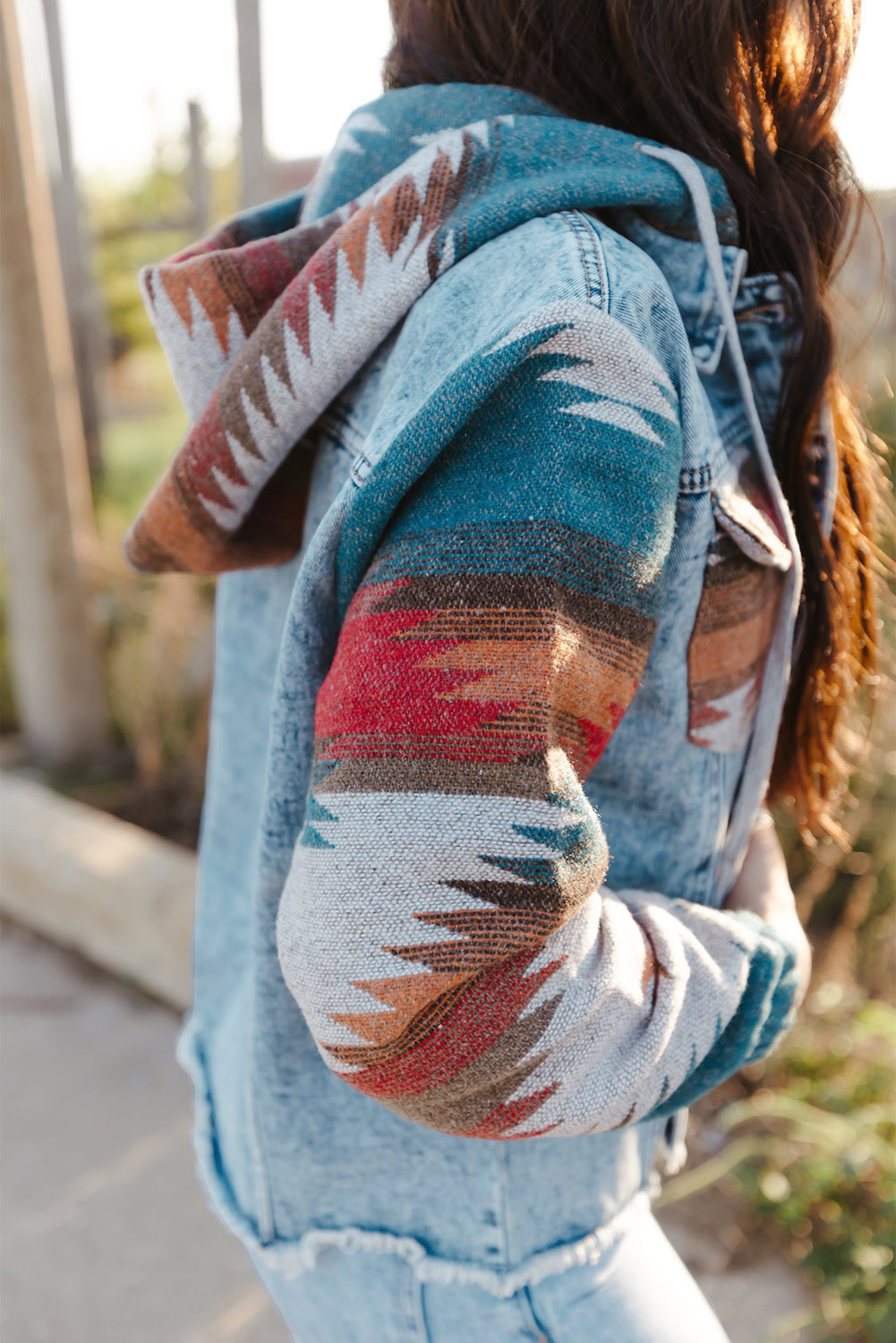 Multicolour Aztec Print Frayed Hem Denim Jacket