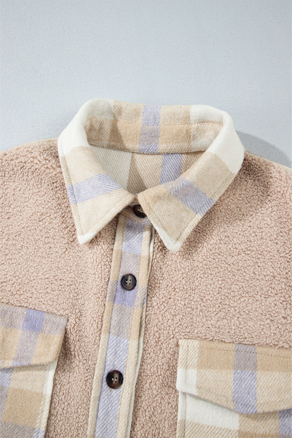 Smoke Grey Plaid Patchwork Collared Button-up Sherpa Long Coat