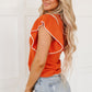 Russet Orange Contrast Trim Ruffle Sleeve Knitted Top