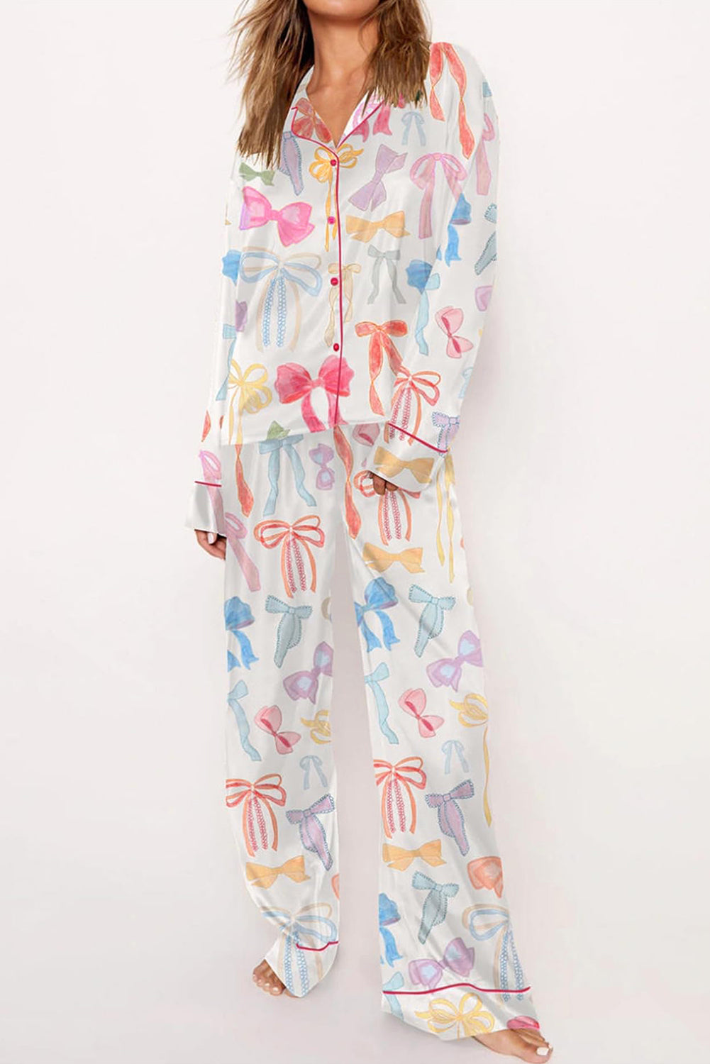 White Bow Knot Print Lapel Collar Wide Leg Satin Pyjamas Set