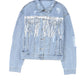 Sky Blue Sequin Embellished Fringe Distressed Denim Jacket