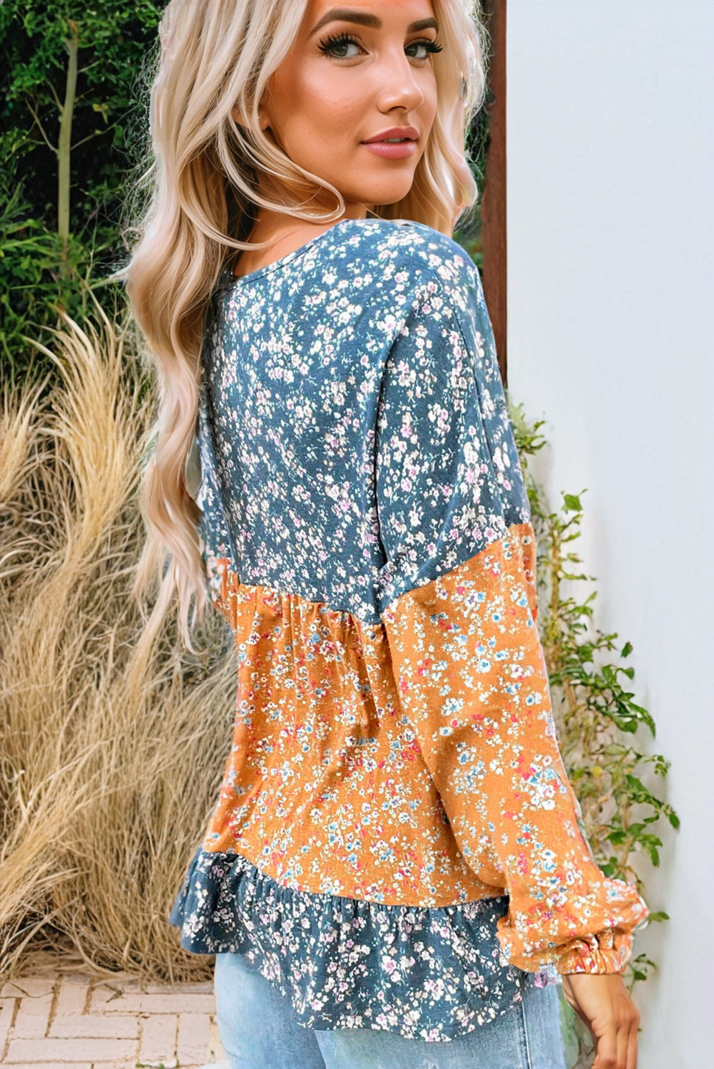 Orange Floral Colour Block Ruffled Hem Round Neck Blouse