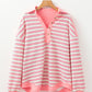 Pink Stripe Buttoned V Neck Collared Drop Shoulder Top