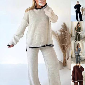 Women's Co-ords Knit Pullover Split Long-sleeved Top And Loose Straight Trousers Two-piece Set