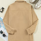 Light French Beige Solid Frilled Flap Pocket Button Up Corduroy Shacket