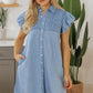 Beau Blue Flutter Sleeve Shirred Detail Button Up Denim Mini Dress