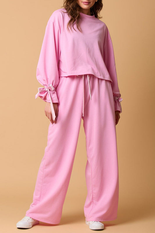 Bonbon Solid Colour Drawstring Long Sleeve Top and Trousers Set