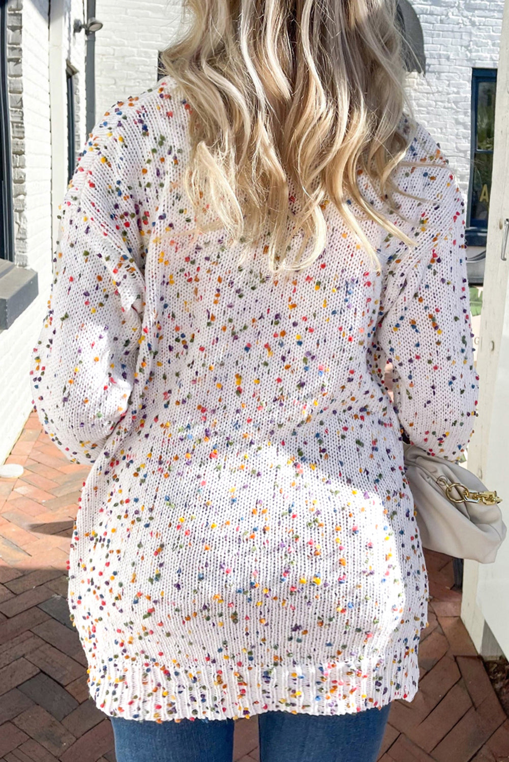 White Multicolour Dotted Rib Knit Long Sleeve Cardigan