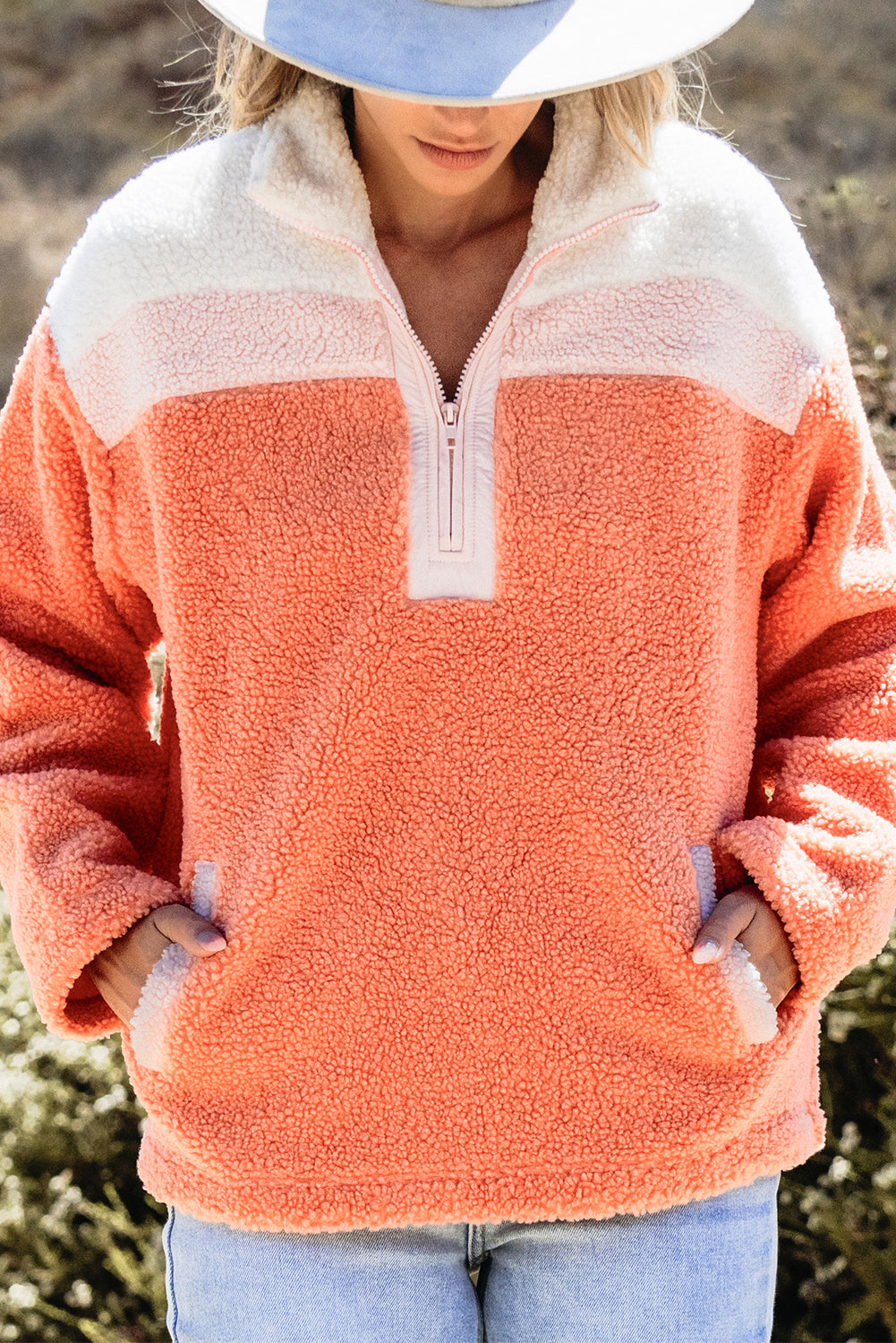 Orange Colourblock Half Zipper Stand Neck Sherpa Sweatshirt