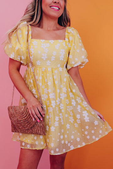 Yellow Boho Flower Jacquard Puff Sleeve Square Neck Mini Dress