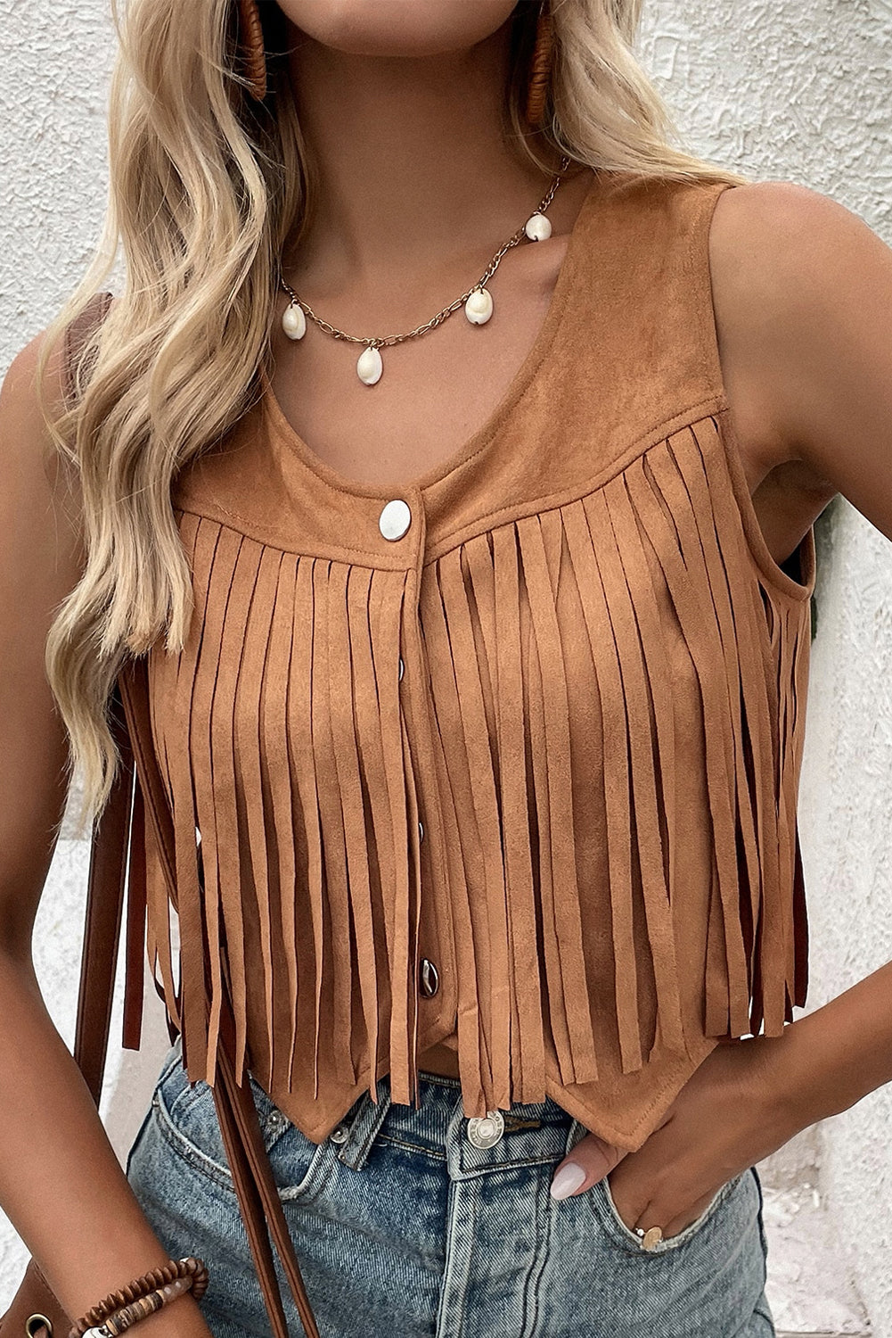 Camel Fringed Snap Button Front Suedette Sleeveless Jacket