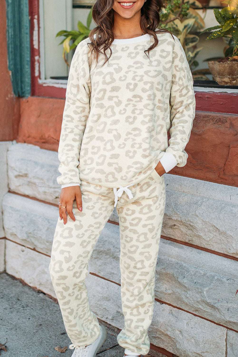 White Leopard Pullover and Drawstring Trousers Lounge Set