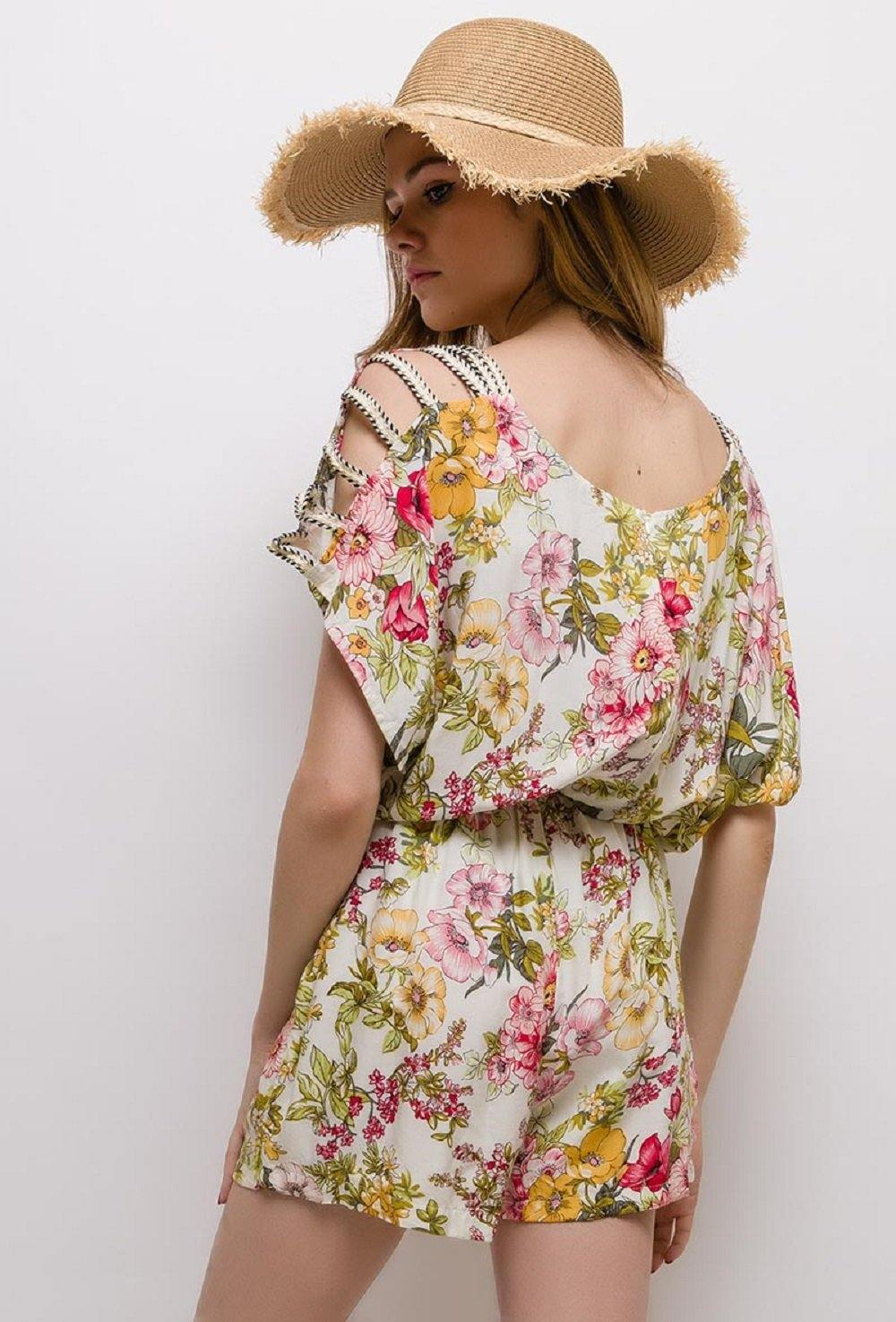 Playsuit With Open Shoulder Detail In White Floral Print