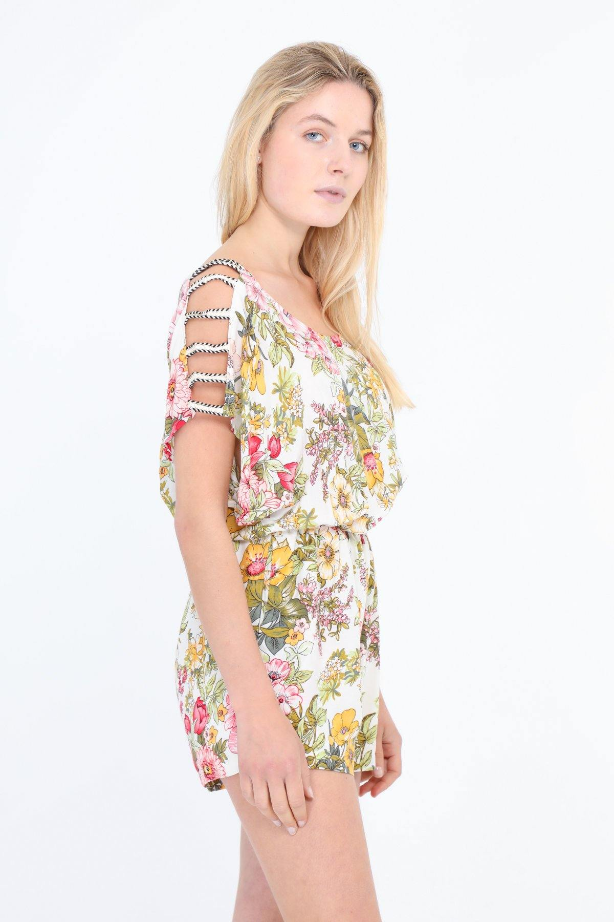 Playsuit With Open Shoulder Detail In White Floral Print