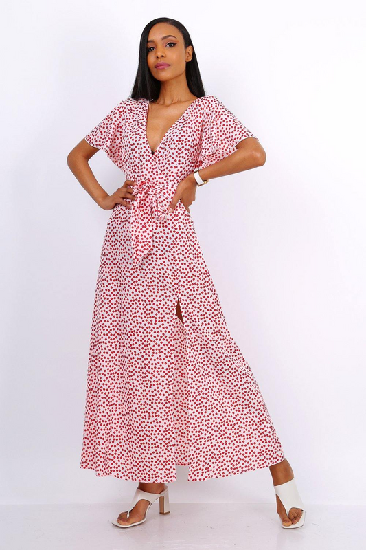 Wrap Front Split Leg Maxi Dress In White Daisy Dot Print