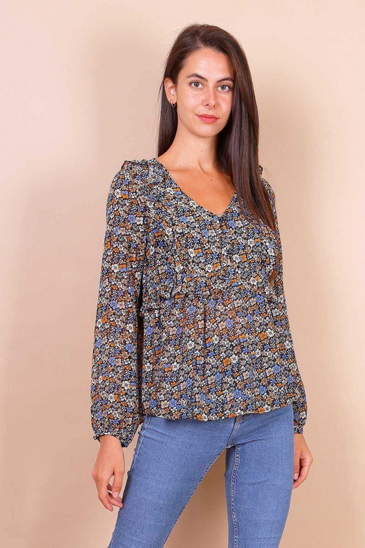 Black Ditsy Floral Blouse With Frill Detail