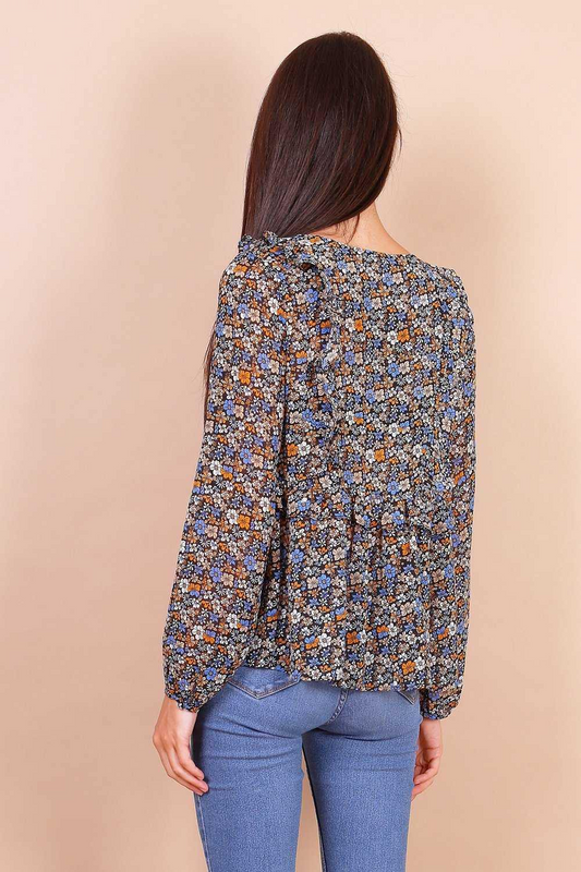 Black Ditsy Floral Blouse With Frill Detail