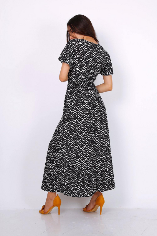 Wrap Front Split Leg Maxi Dress In Black Daisy Dot Print