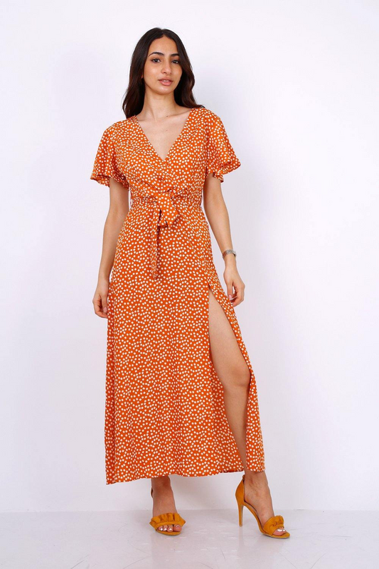 Wrap Front Split Leg Maxi Dress In Camel Daisy Dot Print