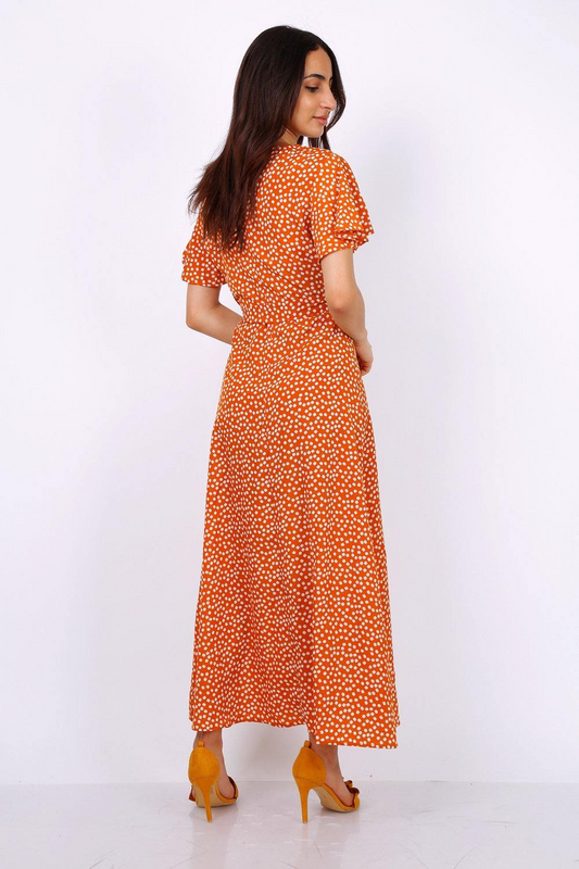 Wrap Front Split Leg Maxi Dress In Camel Daisy Dot Print