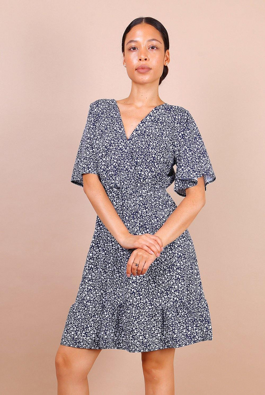 Flute Sleeve Mini Skater Dress In Navy Blue Floral Print