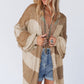 Khaki Stripe Lantern Sleeve Fringed Open Cardigan