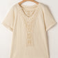 Beige Lace Crochet Patched Cable Textured Cuffed Short Sleeve Plus Size Top