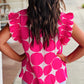 Rose Bubblegum Pattern Frilled Collar Flutter Sleeve Top