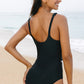 Black Color Contrast Ruffled Wrap V Neck Swimsuit