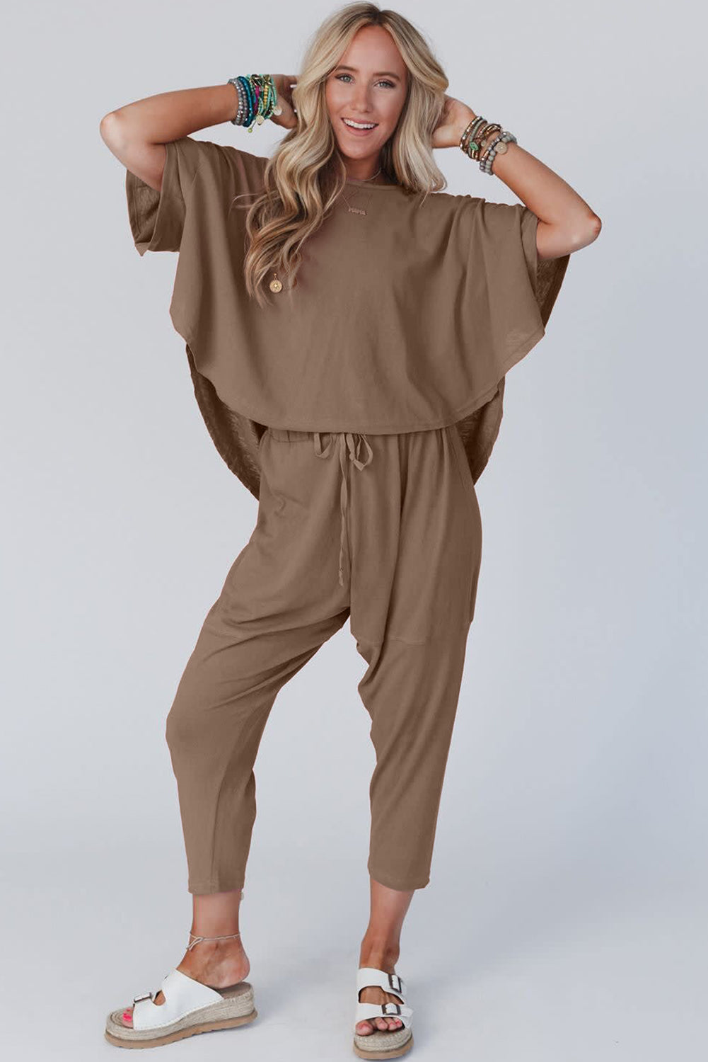 Simply Taupe High Low Boxy Fit Tee and Crop Trousers Set