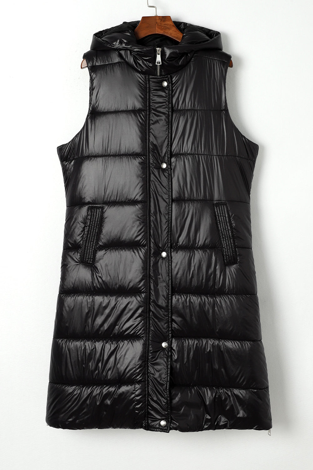 Dark Grey Hooded Long Quilted Sleeveless Coat