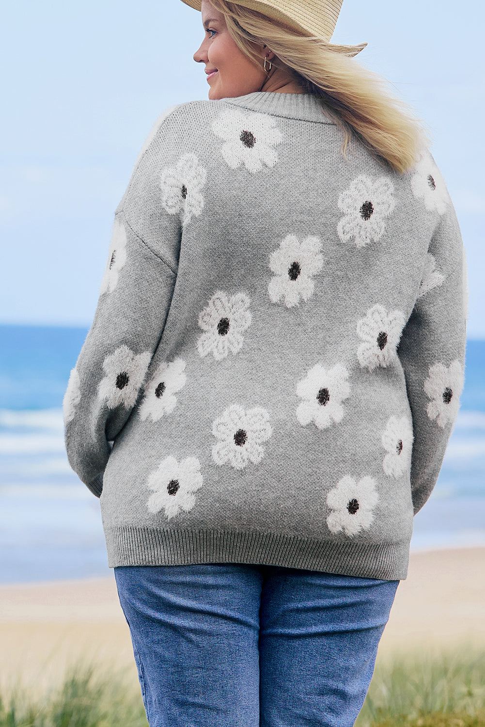 Grey Plus Size Embroidered Floral Pattern Half Zip Sweater