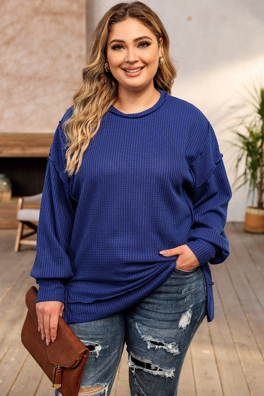 Blue Plus Size Waffle Knit Oversized Exposed Seam Top